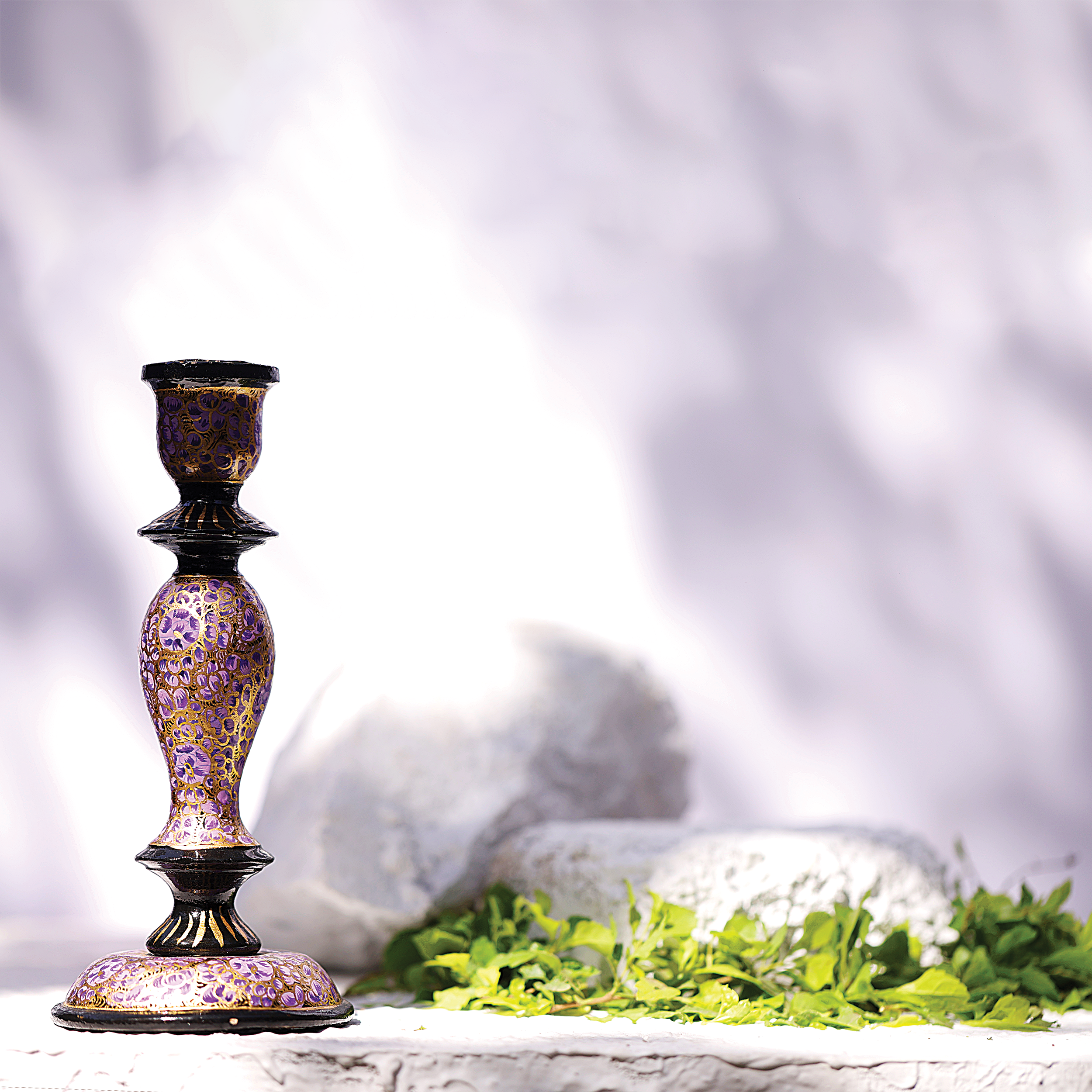 Minaret: Jamuni Shama Daan - A bright violet kashmiri papier mache tower shaped candle stand