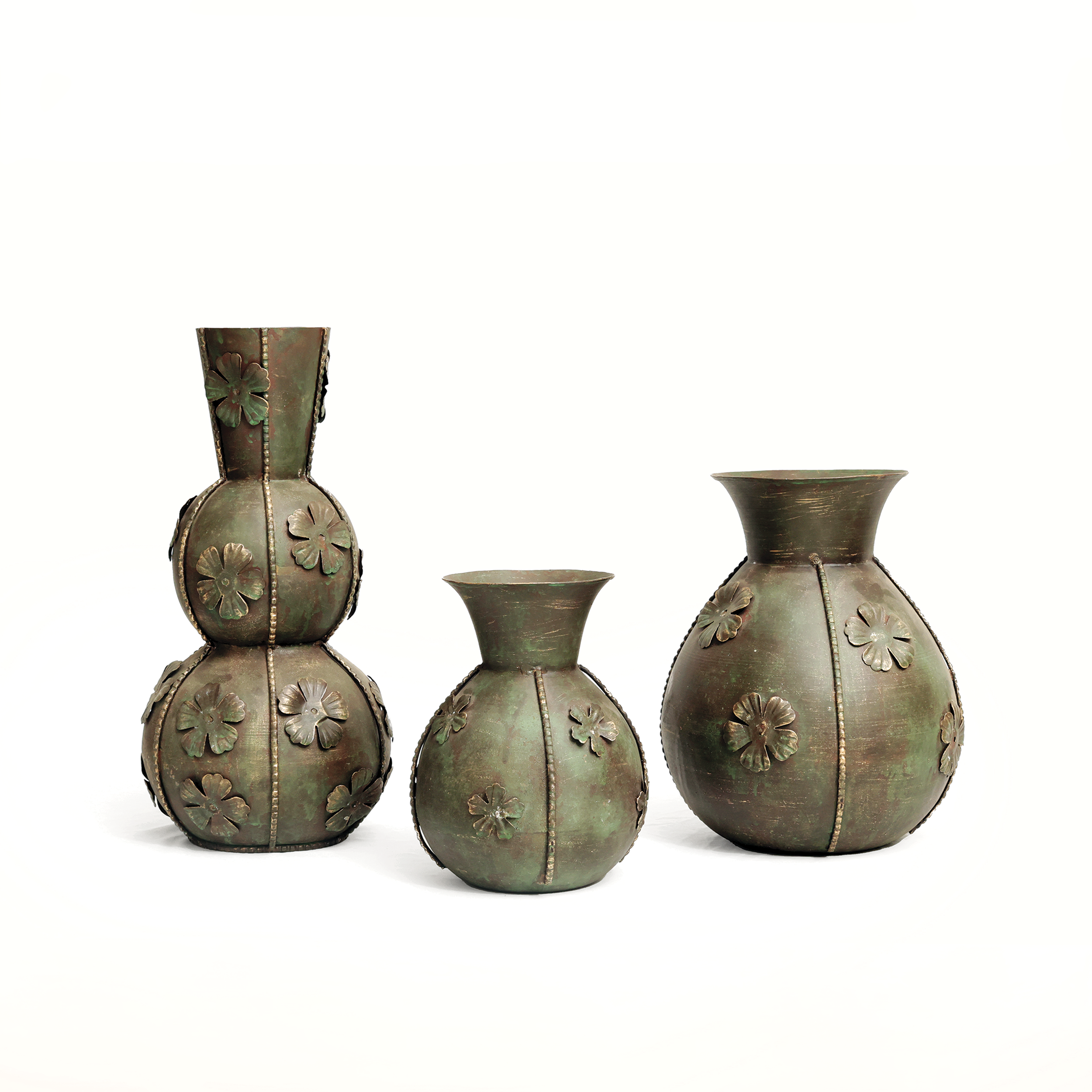 The Trio Tribe: An antique finish ornate floral Vintage metal vase (Set of 3)