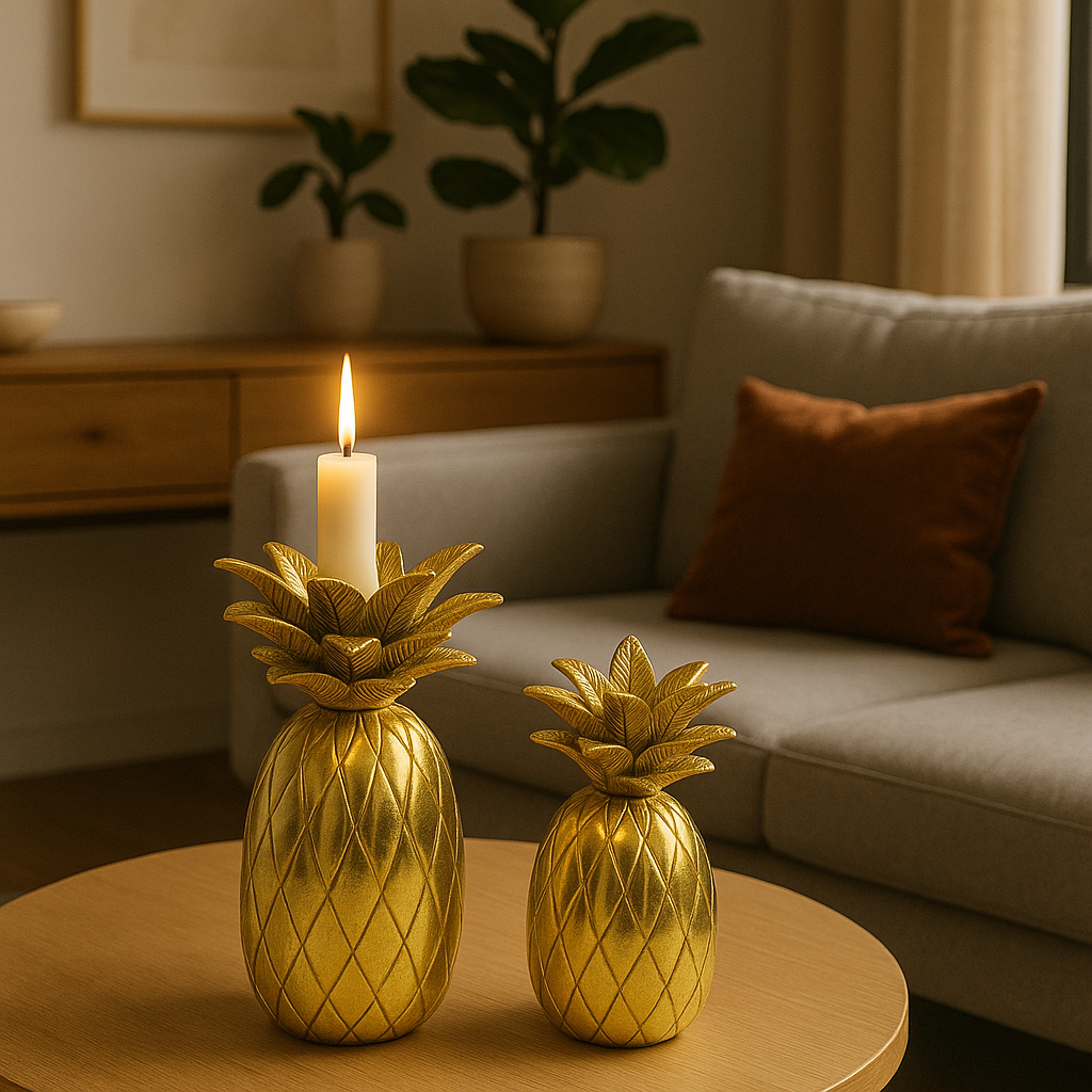 Sunburst: Tropical Gold (Set of 2) - Contemporary Pineapple shaped Metal Table Accent cum Candle Stand