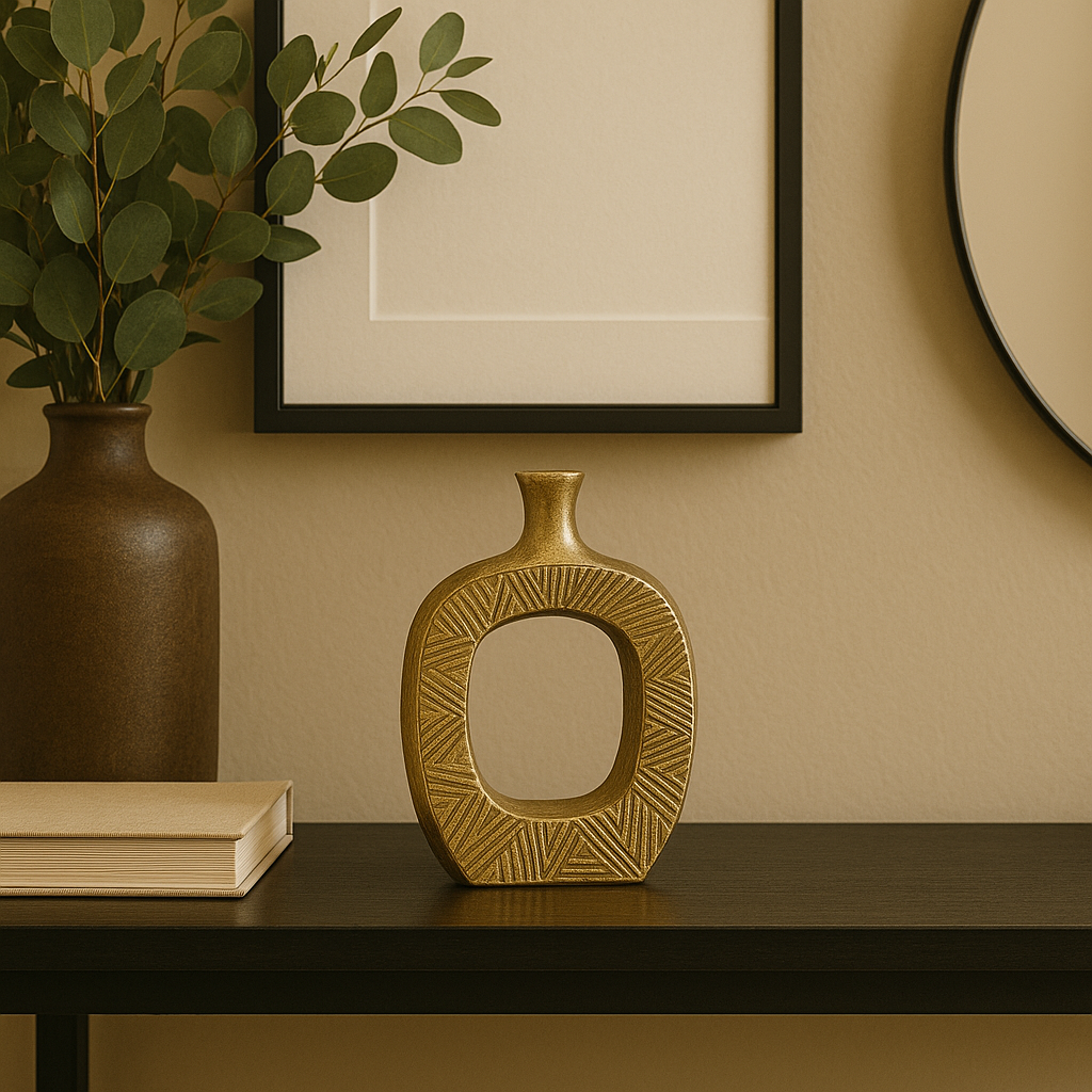Crest: A Geometric Style Neoclassical Small Metal Vase in Gold Finish - Modern Minimalism Meets Ancient Geometry