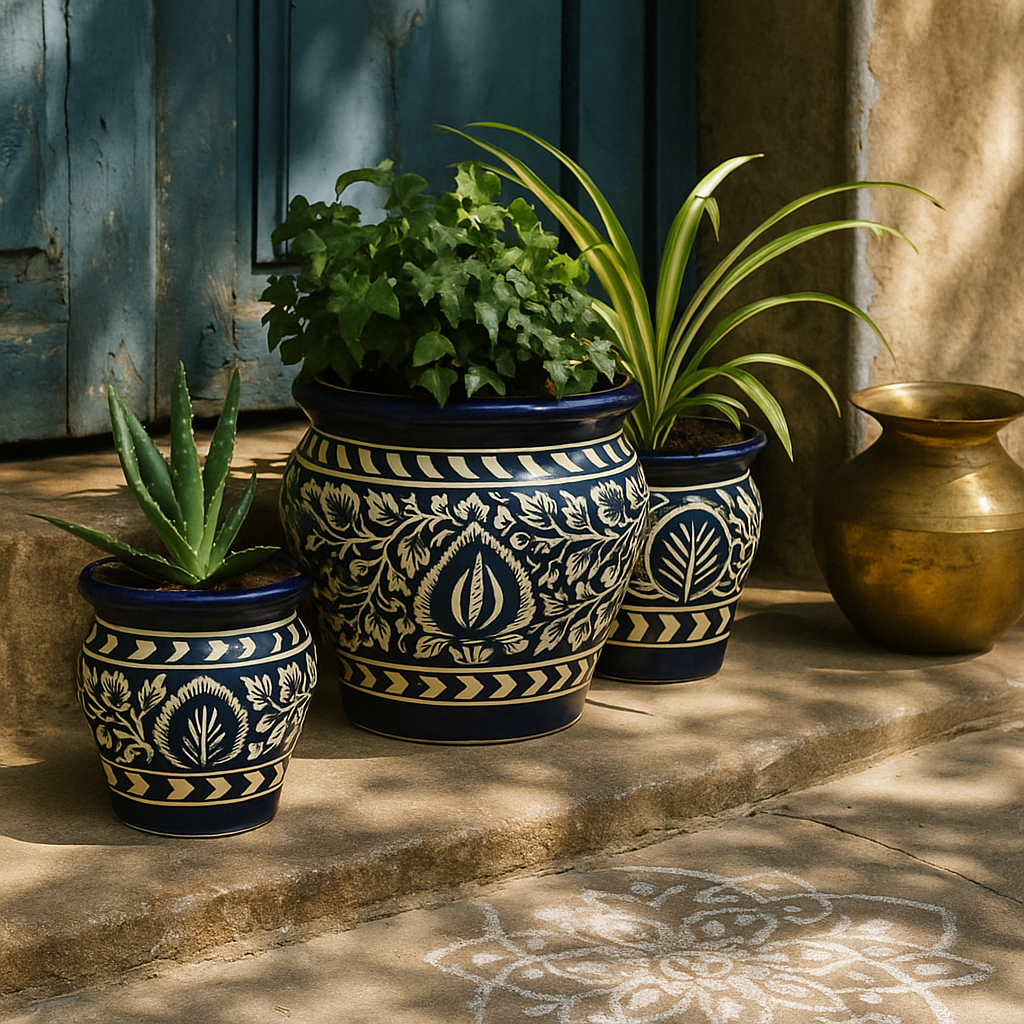 Nilambari: Royal Blue Jaipur Pottery Style Trio Pots in Ceramic (Set of 3)