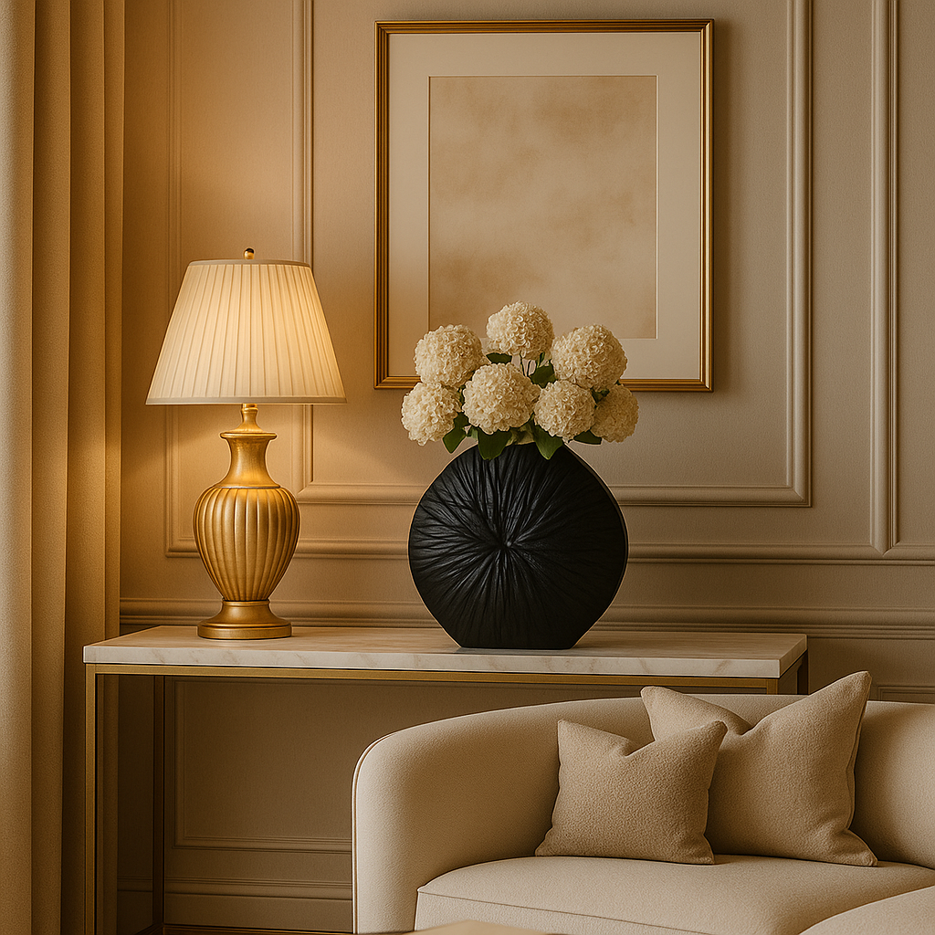 Abyss: A Black Metal Vase in Neoclassical Style with Radial Rays - A Cosmic Dance of Symmetry and Shadow.