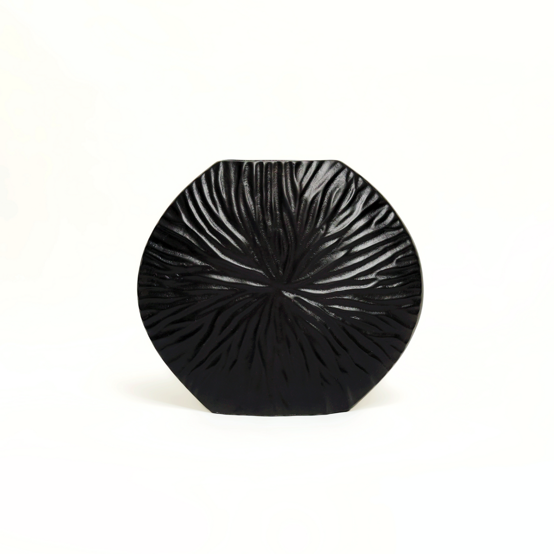 Abyss: A Black Metal Vase in Neoclassical Style with Radial Rays - A Cosmic Dance of Symmetry and Shadow.