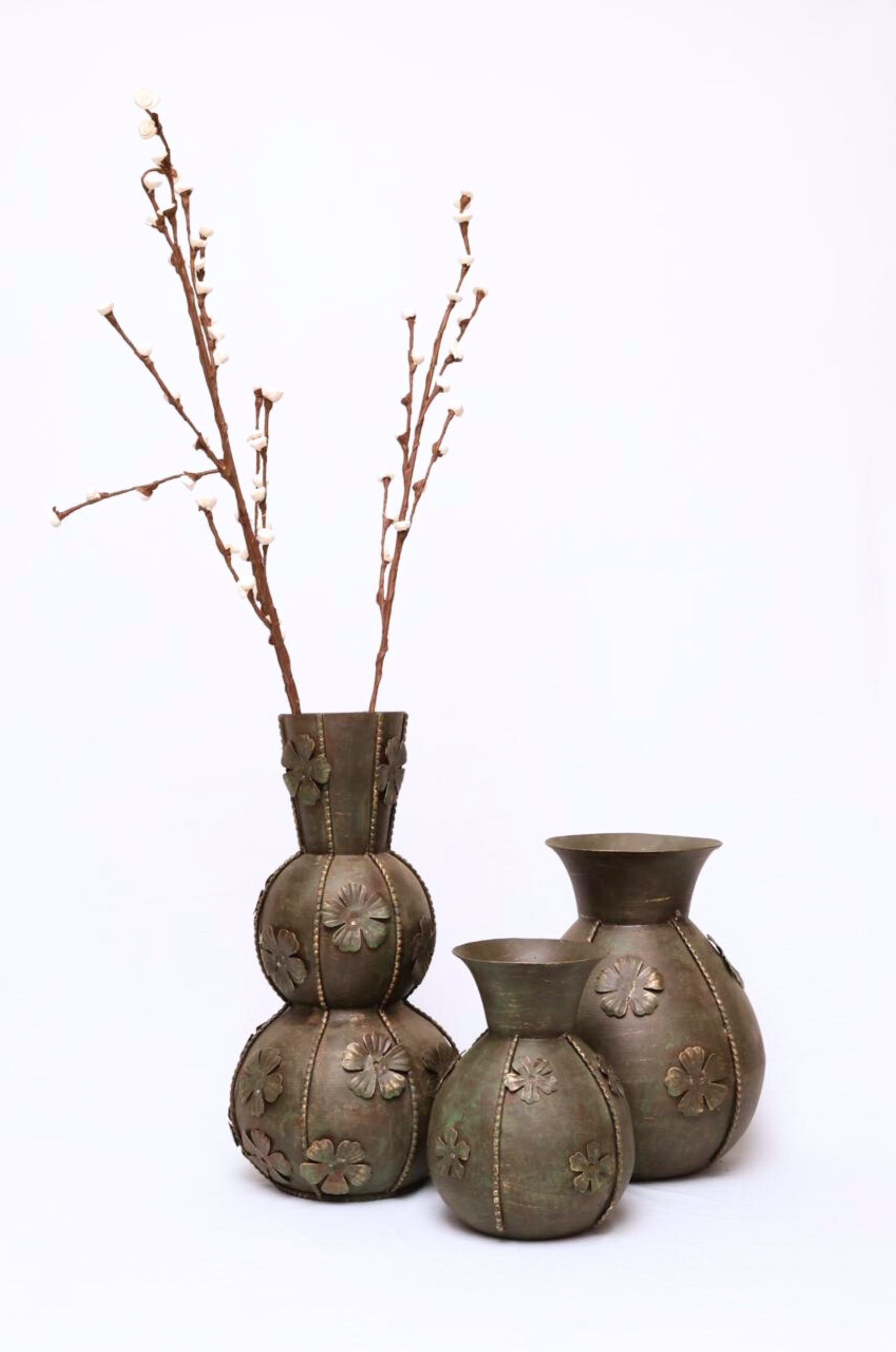 The Trio Tribe: An antique finish ornate floral Vintage metal vase (Set of 3)