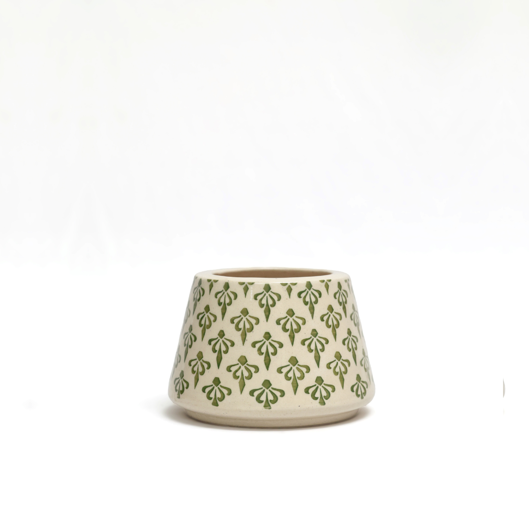 Latika: Tiny Table Top Cream Ceramic Planter with Leafy Motifs