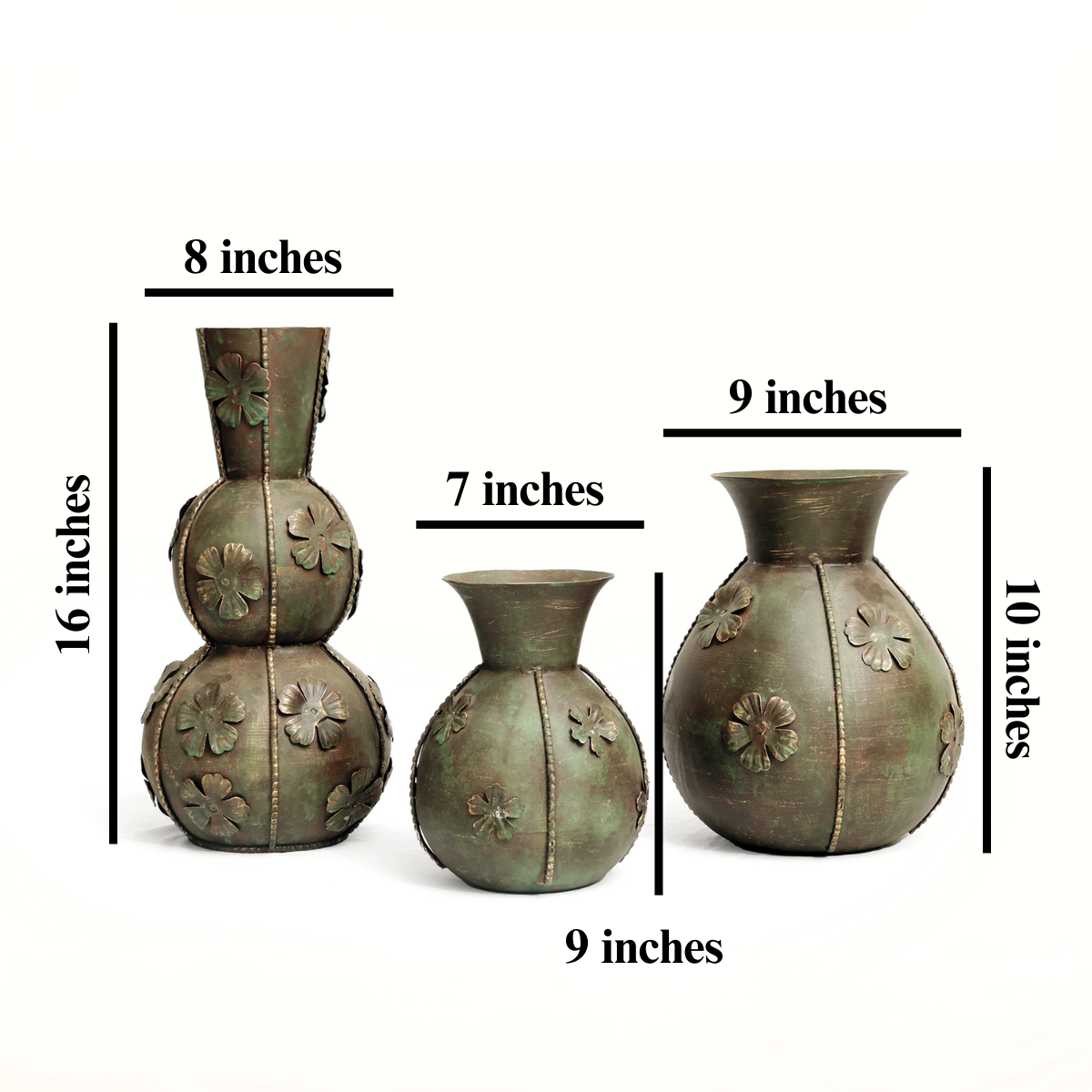 The Trio Tribe: An antique finish ornate floral Vintage metal vase (Set of 3)