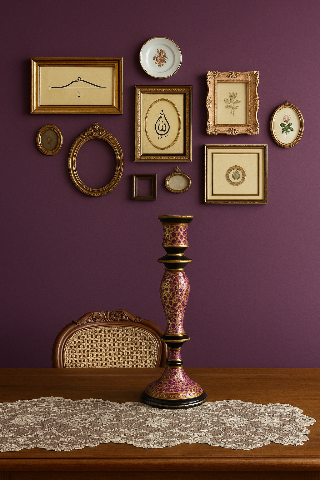 Minaret: Jamuni Shama Daan - A bright violet kashmiri papier mache tower shaped candle stand