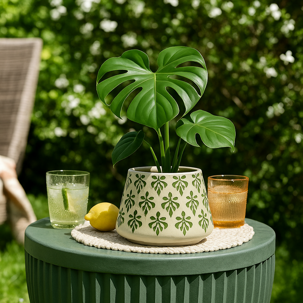 Latika: Tiny Table Top Cream Ceramic Planter with Leafy Motifs