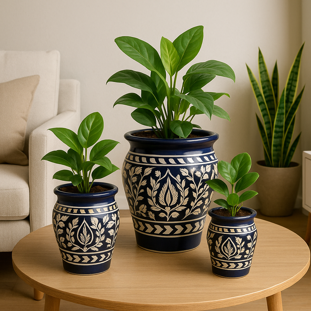 Nilambari: Royal Blue Jaipur Pottery Style Trio Pots in Ceramic (Set of 3)