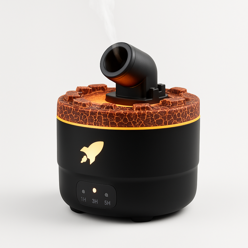 Cloud Cannon Diffuser with crater-textured matte black finish releasing bold circular mist rings.