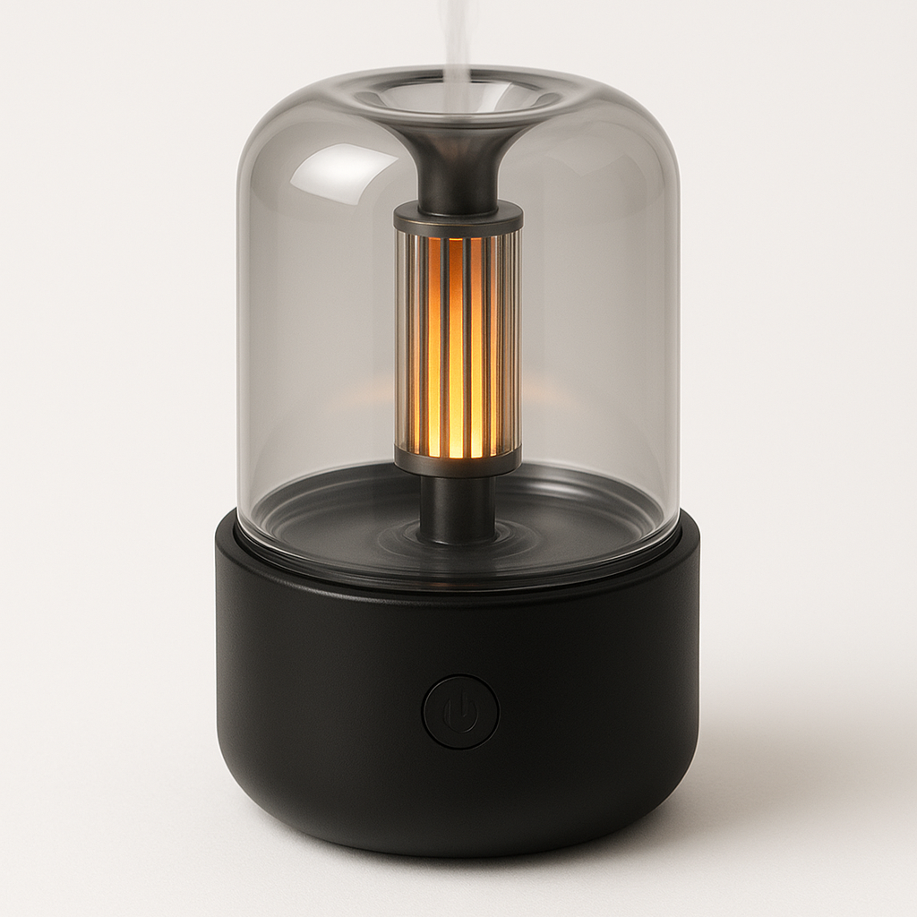 Luna Mist Diffuser with soft glowing mist inside a glass-effect dome.