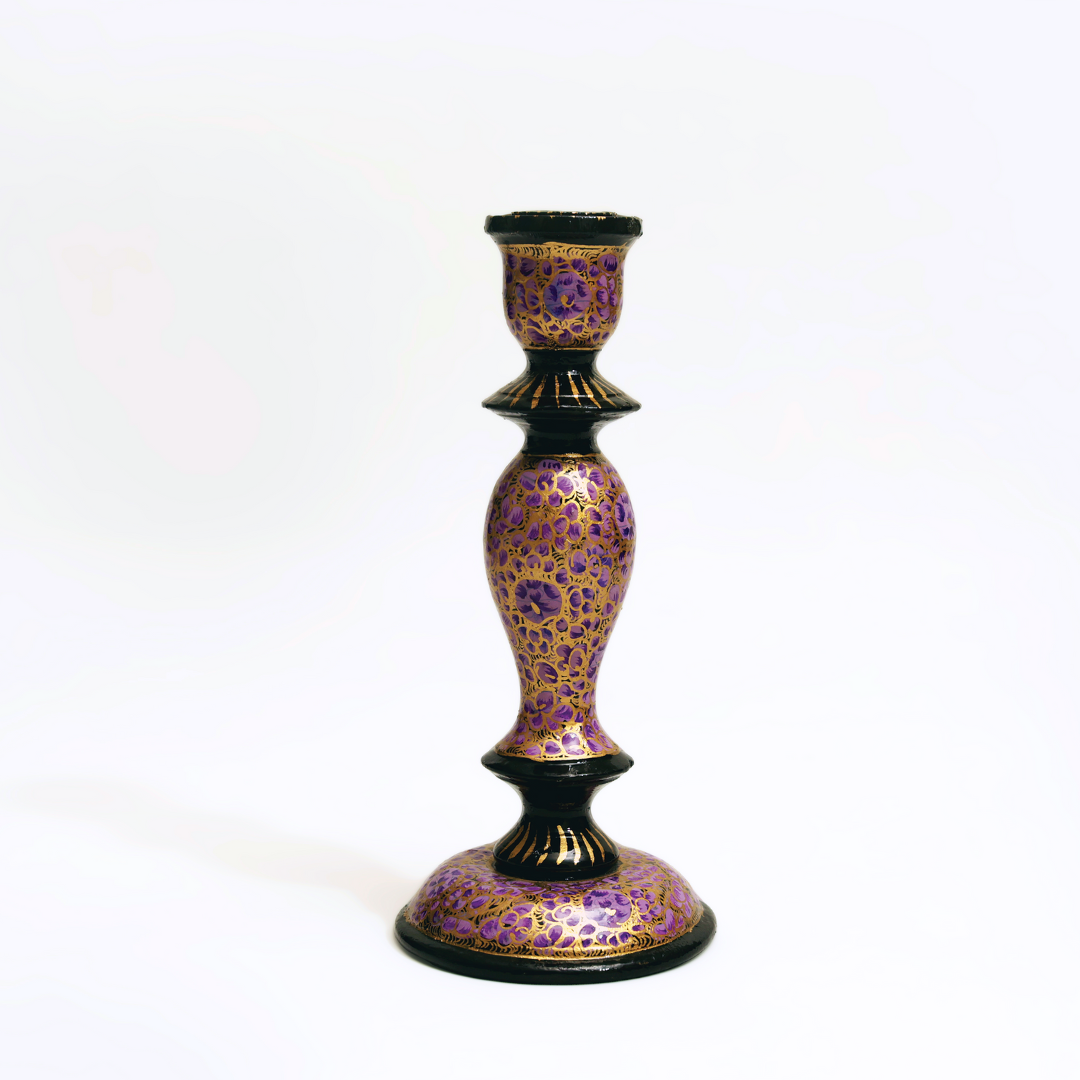 Minaret: Jamuni Shama Daan - A bright violet kashmiri papier mache tower shaped candle stand