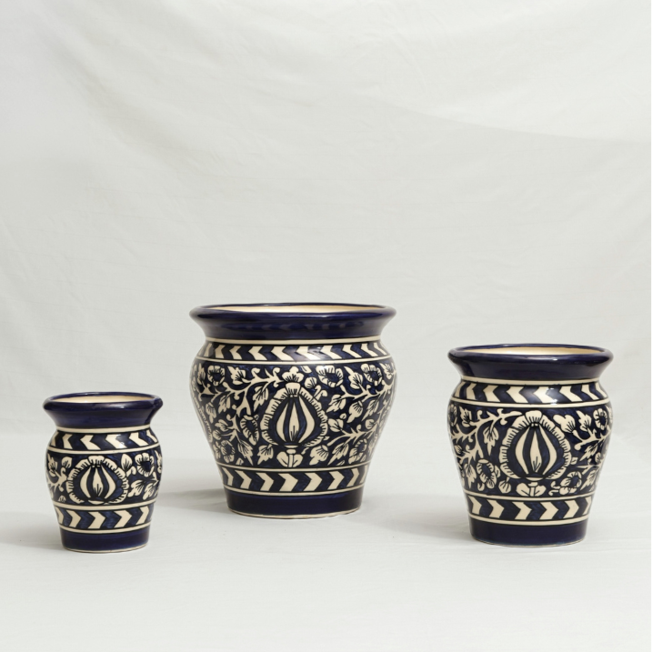 Nilambari: Royal Blue Jaipur Pottery Style Trio Pots in Ceramic (Set of 3)
