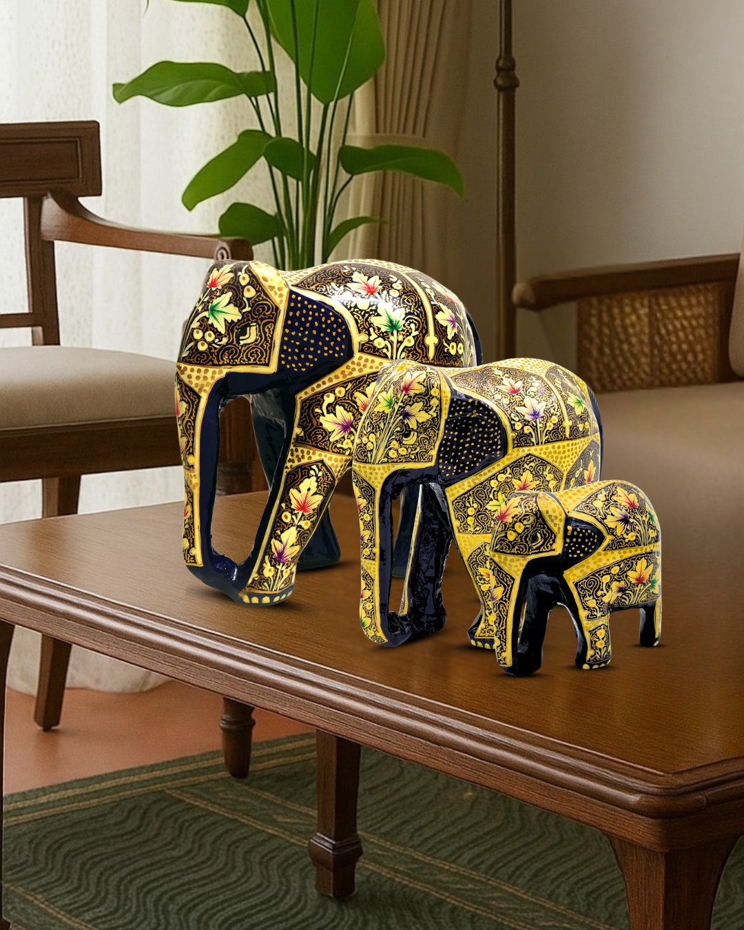 Zenith: Naqash-e-Gul Elephant (Set of 3) - A Kaleidoscope of Kashmiri Artistry.