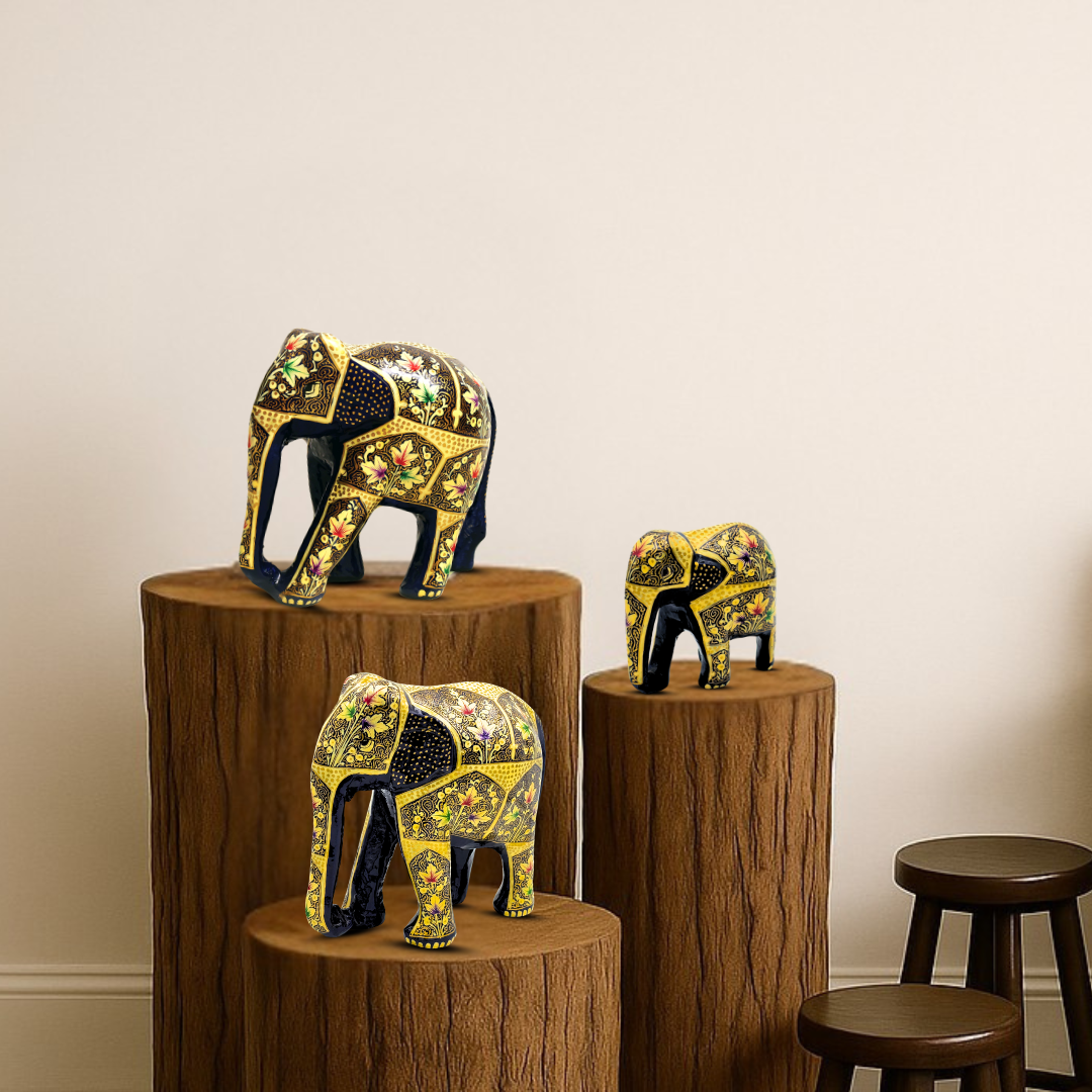 Zenith: Naqash-e-Gul Elephant (Set of 3) - A Kaleidoscope of Kashmiri Artistry.