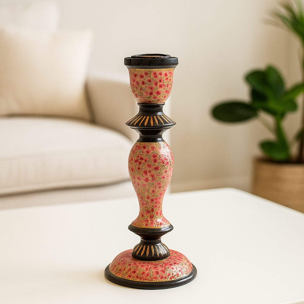 Qutub: Gulaabi Shama Daan : An Elegant Kashmiri Papier Mache Tower Shaped Candle Stand